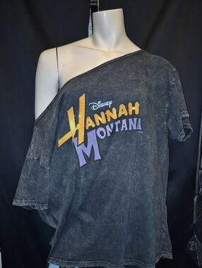 Disney Black Hannah Montana Off-Shoulder Tee with Yellow & Purple Logo
